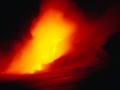 Molten Lava Meeting Pacific Ocean During Eruption of Kilauea Volcano, Hawaii, USA