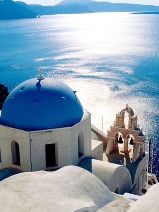 Overhead of Orthodox Church with Ocean Beyond, Oia, Greece