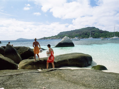 Tourists on Rocks, Coco Island, Praslin, Seychelles, Indian Ocean, Africa