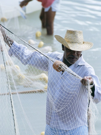 Fisherman and Net, Anse Sainte Anne, Island of Praslin, Seychelles, Indian Ocean, Africa