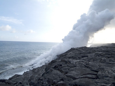 Steam Plumes from Hot Lava Flowing onto Beach and into the Ocean