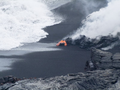 Hot Lava Flowing onto Beach and into the Ocean, Hawaii Volcanoes National Park, Island of Hawaii