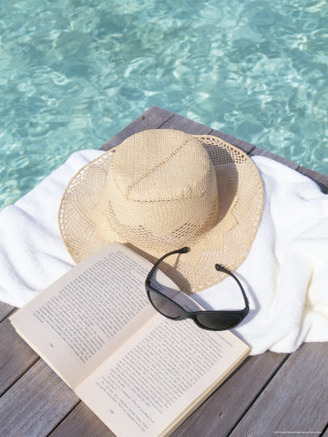 Straw Hat, Book and Sunglasses on Towel, North Male Atoll, Maldives, Indian Ocean