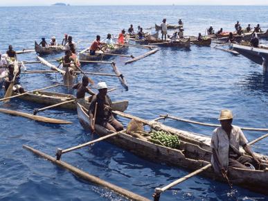 Outrigger Canoeists Visting Cruise Ship, Nosy Be, Madagascar, Indian Ocean, Africa