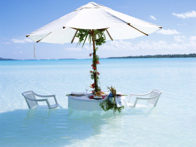 White Table, Chairs and Parasol in the Ocean, Bora Bora (Borabora), Society Islands