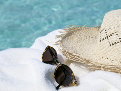 Straw Hat and Sunglasses on Towel, North Male Atoll, Maldives, Indian Ocean