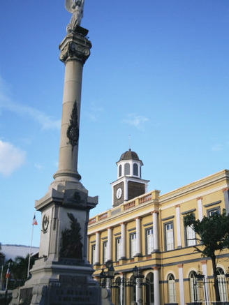 Monument Aux Morts and Hotel Central, St. Denis, Reunion, Indian Ocean, Africa